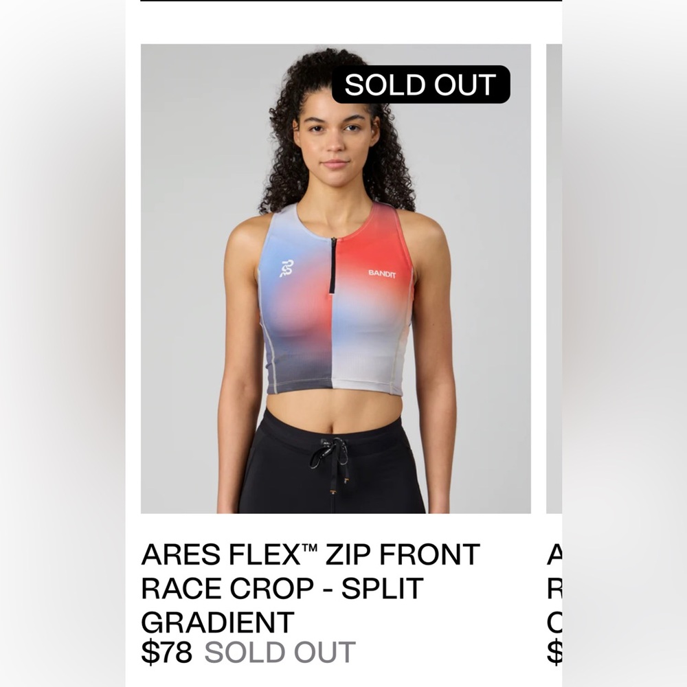 NWT SOLD OUT BANDIT RUNNING ARES FLEX™ ZIP FRONT RACE CROP - 4 gel pockets!